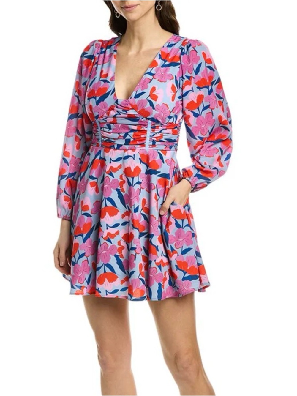 HUTCH Davi Floral Tulips V-Neck Long Balloon Sleeve Mini Dress Size 2 Feminine